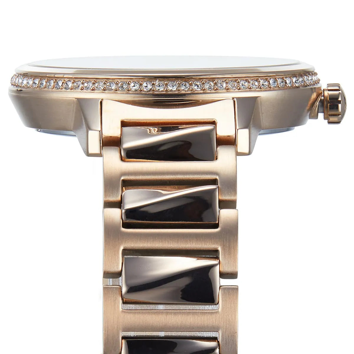 Hugo Boss Signature watch bezel detail with crystal-set stones and rose gold case
