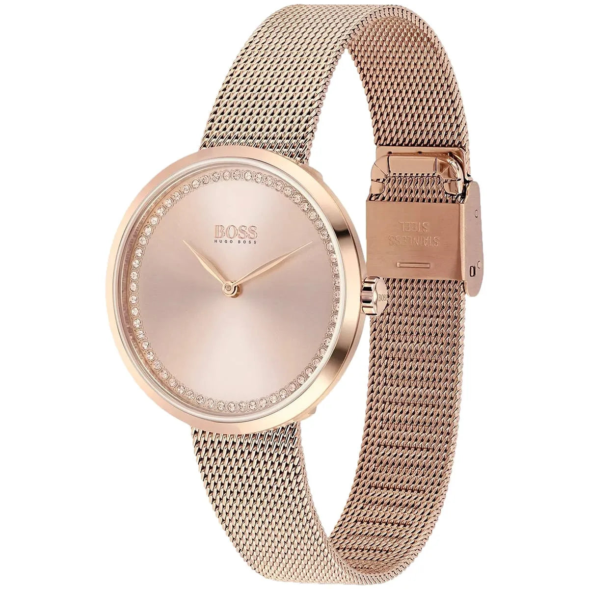 Hugo Boss Praise watch three-quarter view showing rose gold case and mesh bracelet