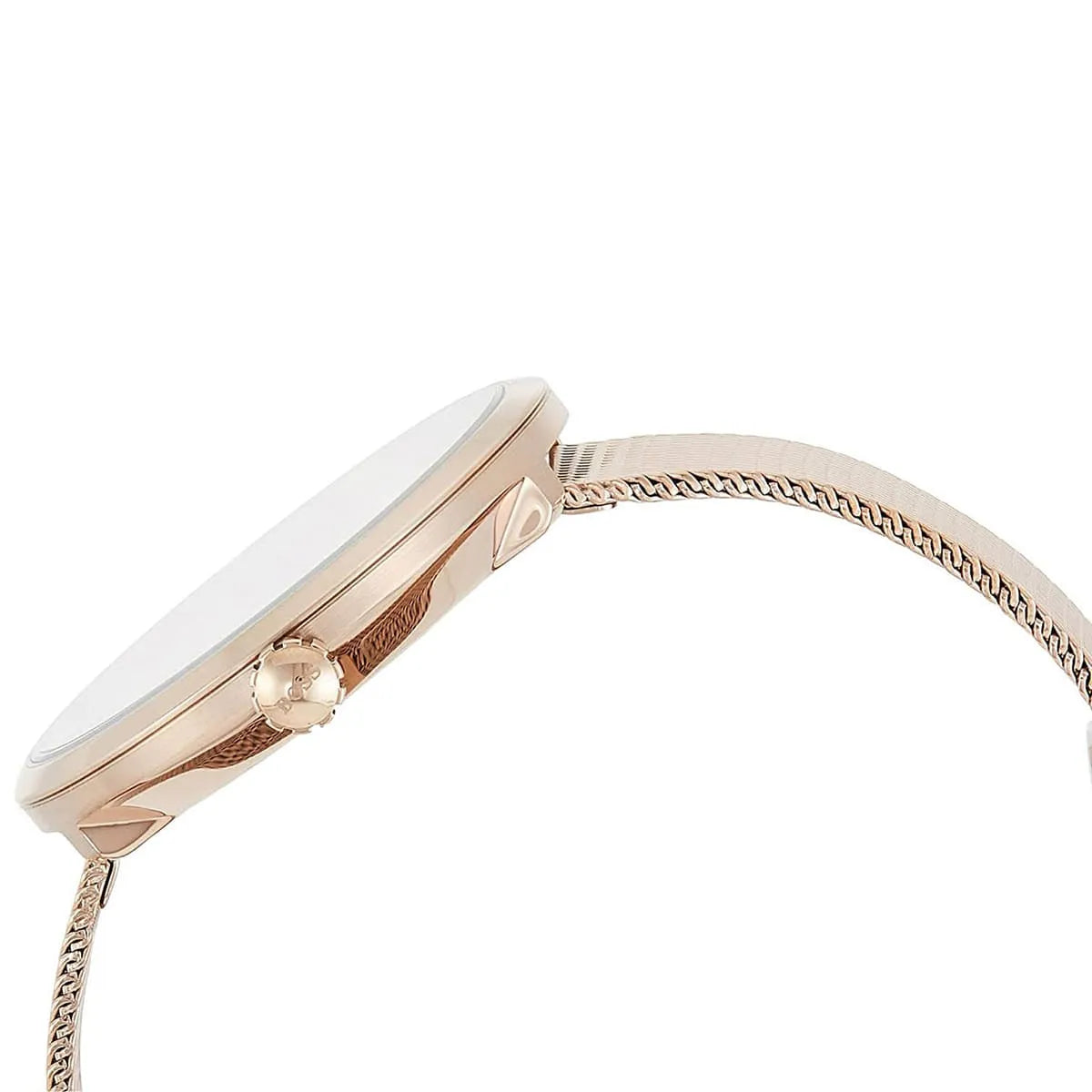 Hugo Boss Praise watch crown and mesh strap close-up side view