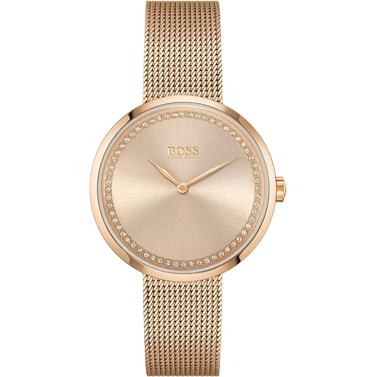Hugo Boss Praise ladies watch with rose gold dial, crystal bezel, and mesh strap