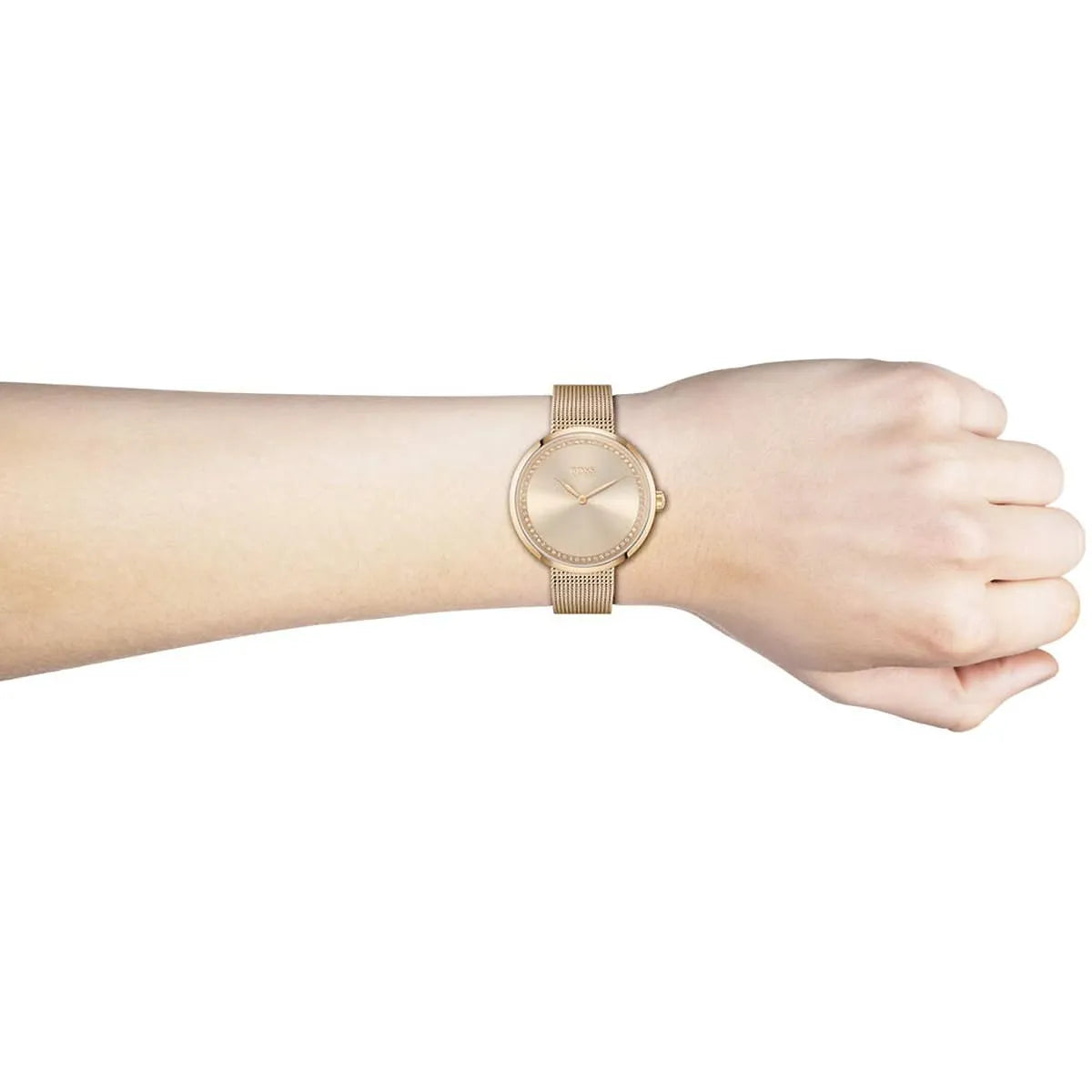 Hugo Boss Praise rose gold watch worn on wrist showing dial and mesh strap