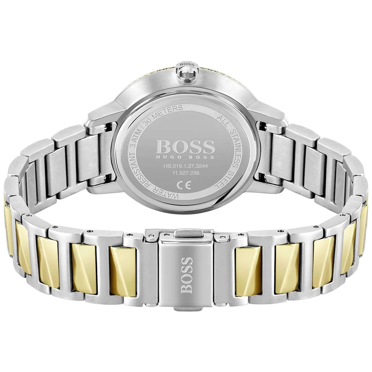 Hugo Boss Signature watch caseback showing stainless steel two-tone design and engraving