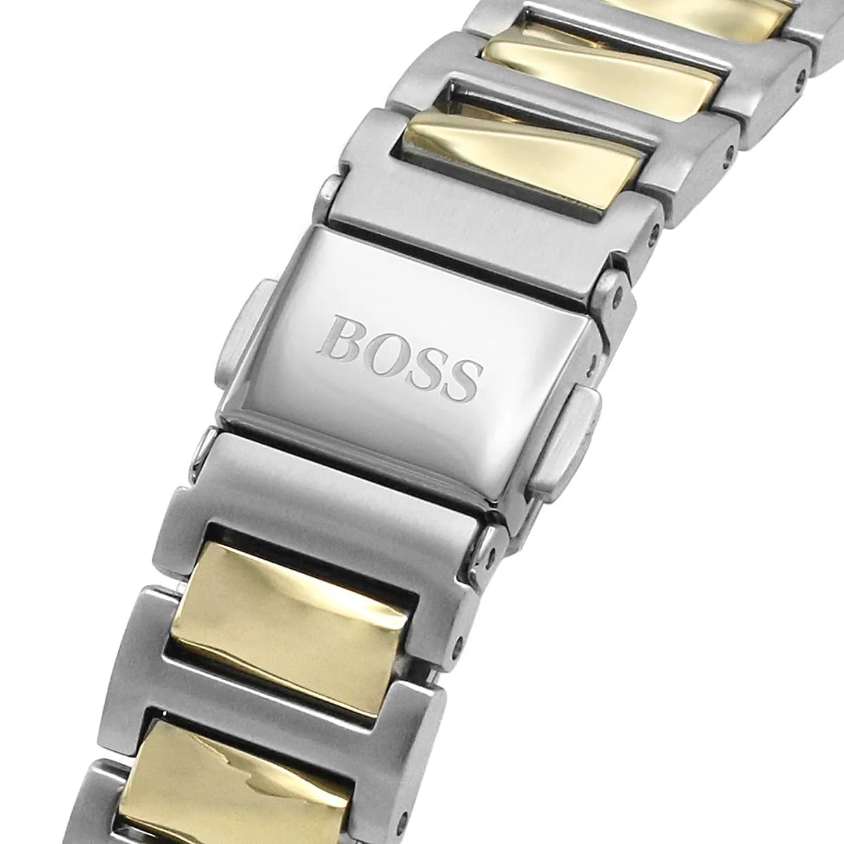 Close-up of Hugo Boss Signature two-tone steel and gold strap with clasp detail