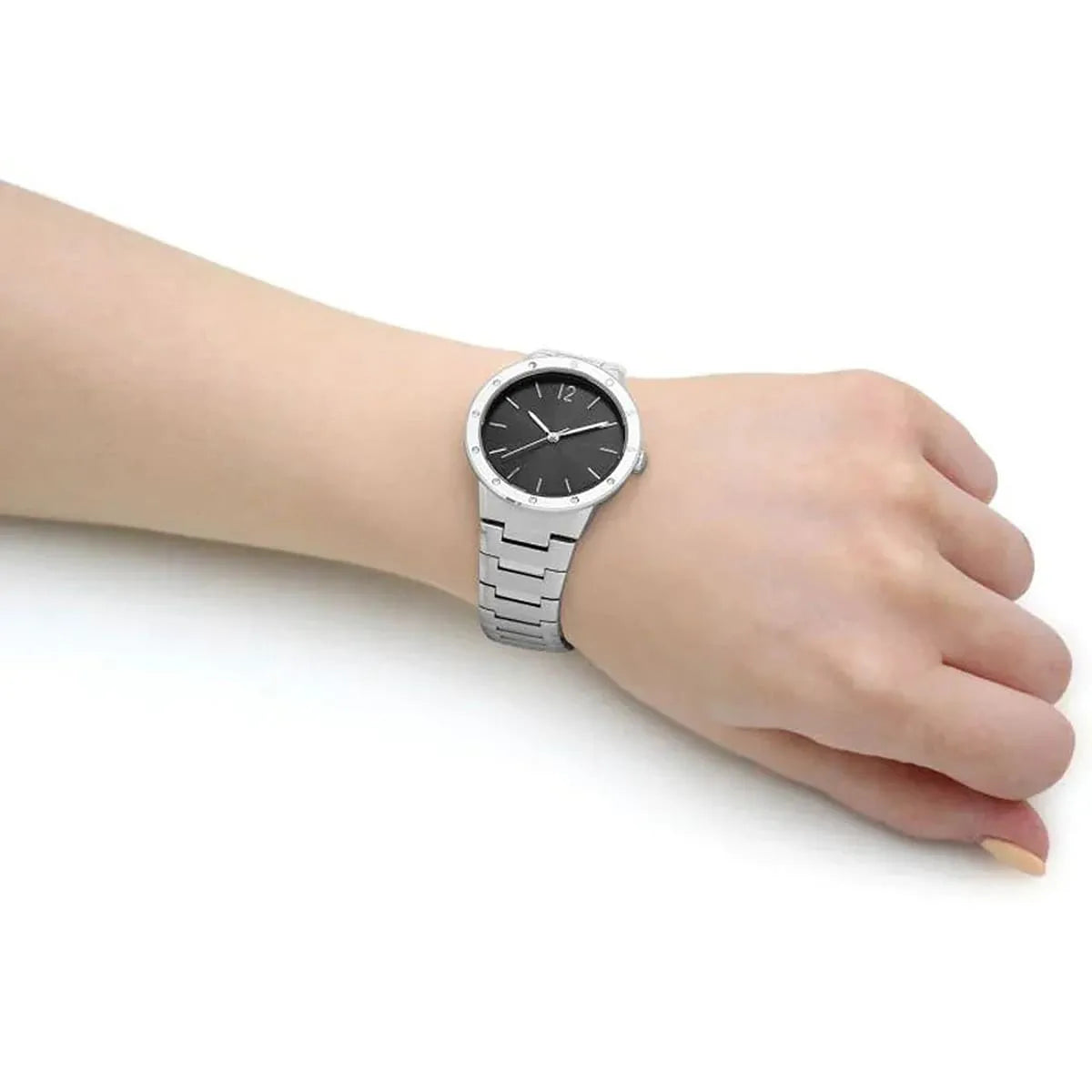 Hugo Boss Breath women's watch worn on wrist showing silver band and black dial