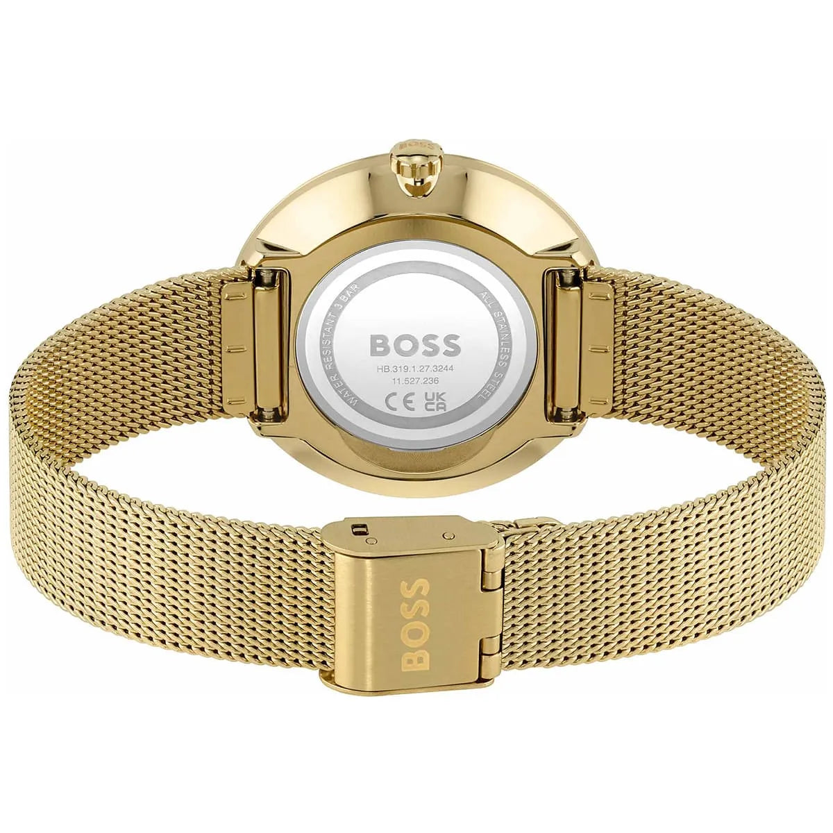 Case back of Hugo Boss women's watch showing transparent transparent case back with logo