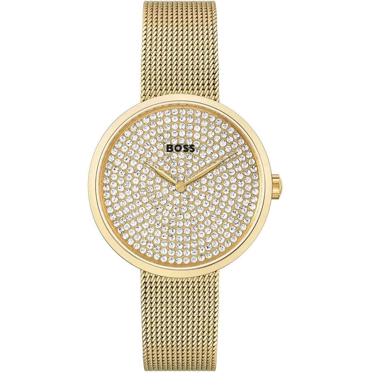 Hugo Boss Glamorous Praise women's watch with crystal gold dial and golden mesh strap
