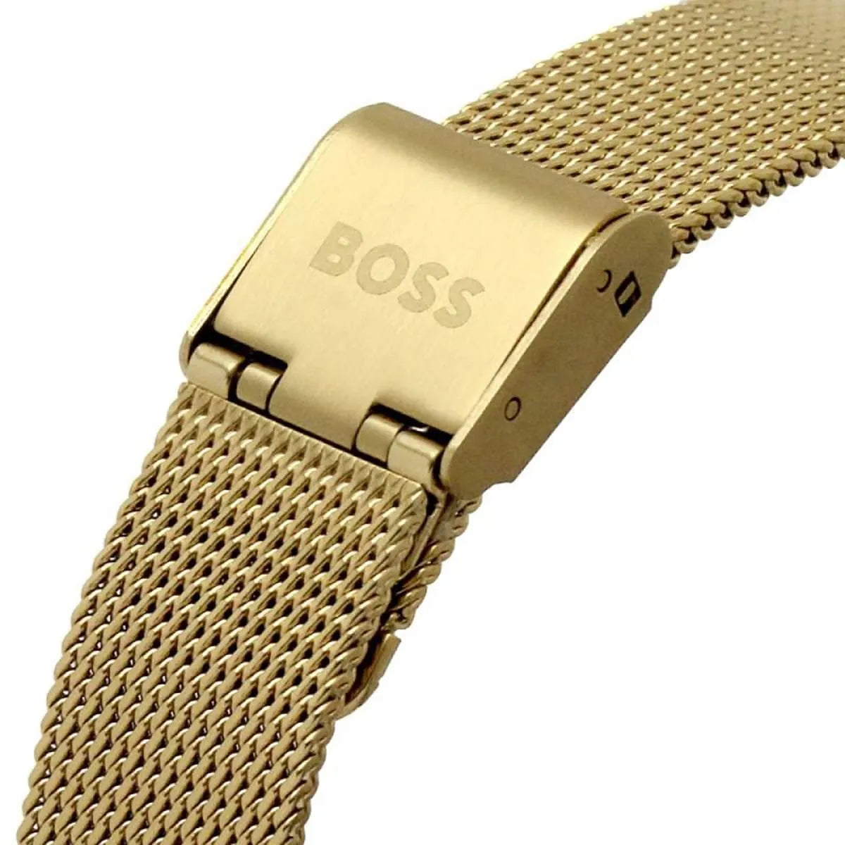 Golden stainless steel mesh strap with Hugo Boss fold-over clasp detail