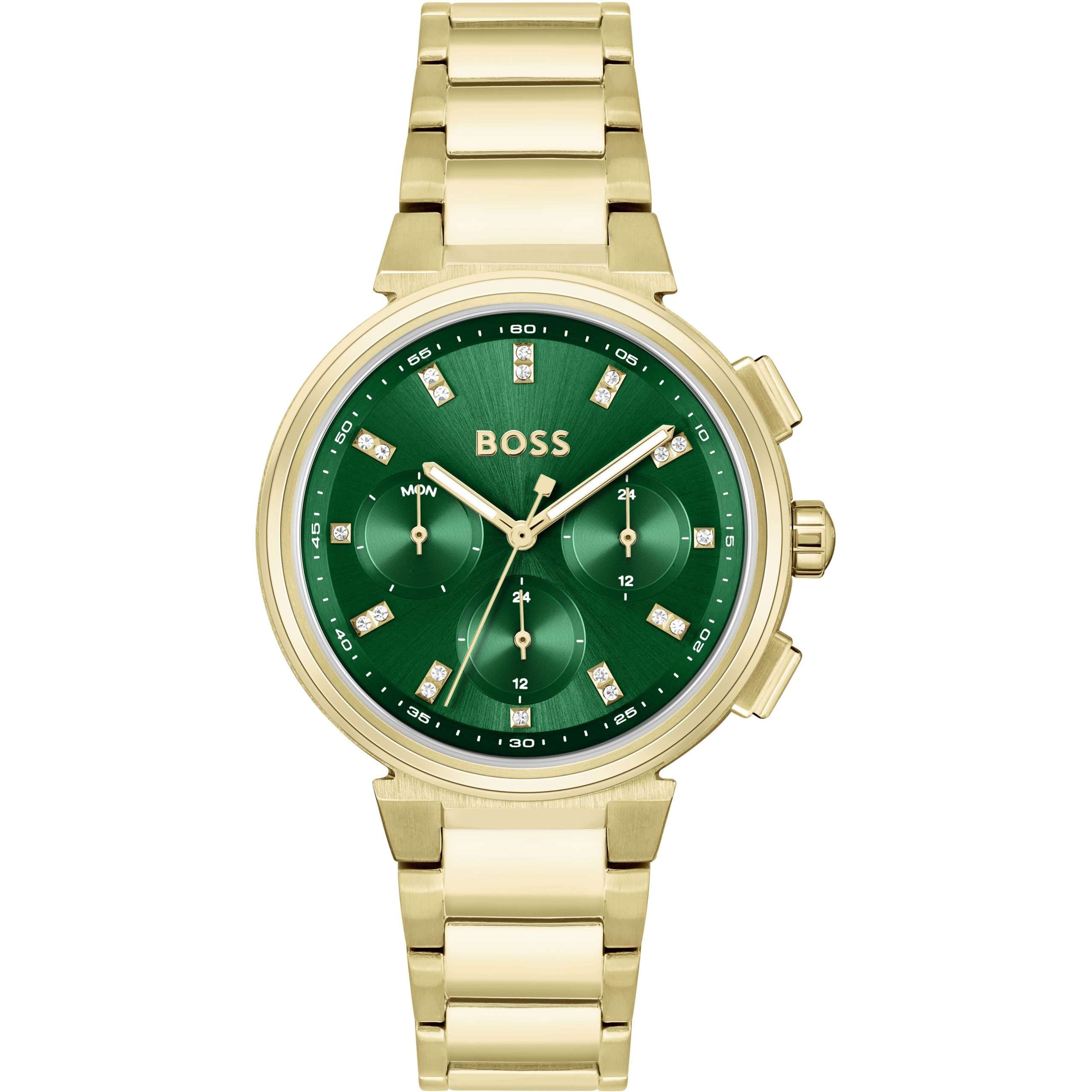 Hugo Boss One Chronograph women's watch with green dial and gold-tone stainless steel bracelet
