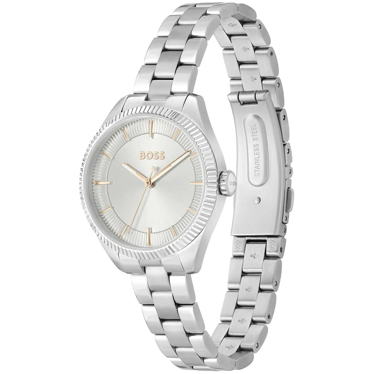 Side angle view of Hugo Boss Sage watch showing silver metal strap and round dial
