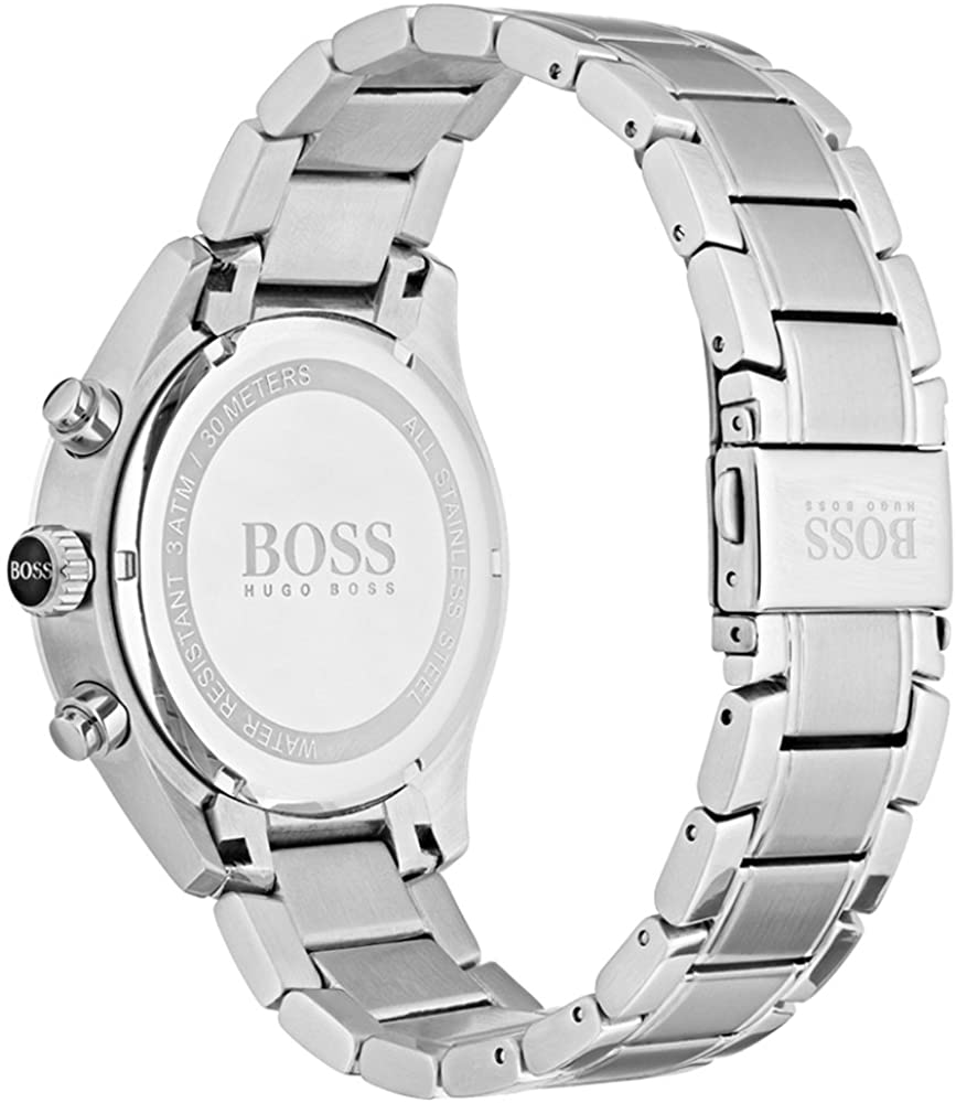 Hugo Boss watch caseback showing BOSS branding and stainless steel bracelet