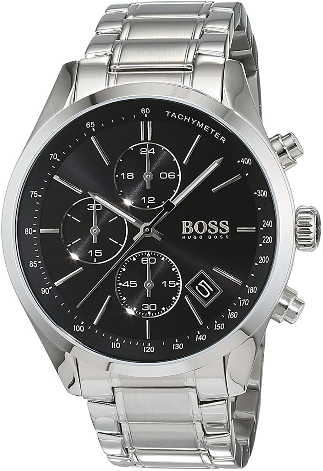 Hugo Boss 1513477 chronograph watch displaying black dial with tachymeter bezel