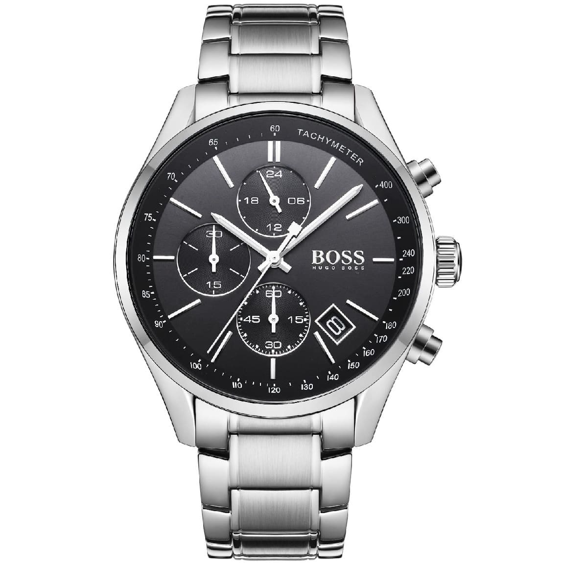Hugo Boss chronograph quartz men's watch with black dial and silver metal bracelet