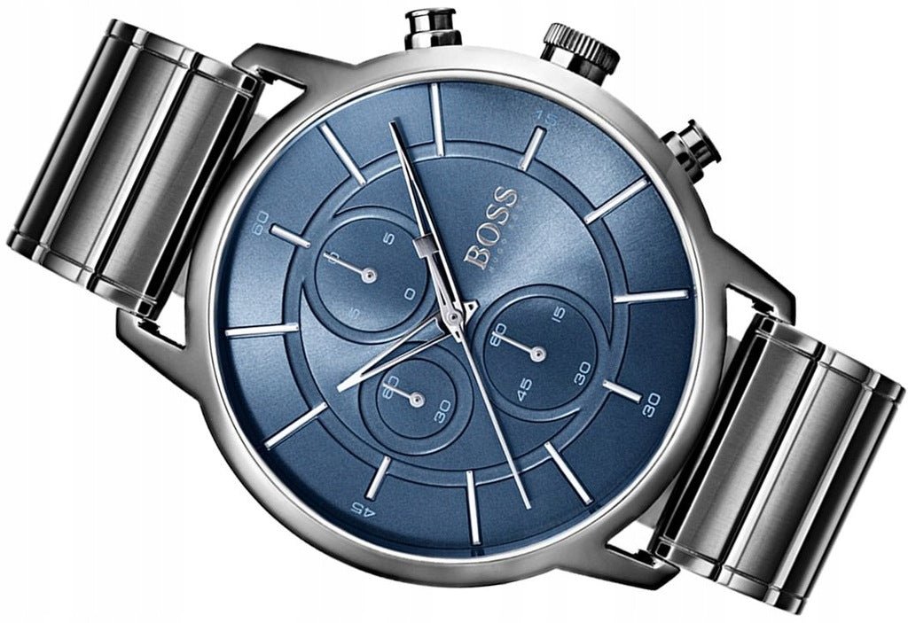 Hugo Boss chronograph watch flat lay showing full case, dial, and gray stainless steel bracelet