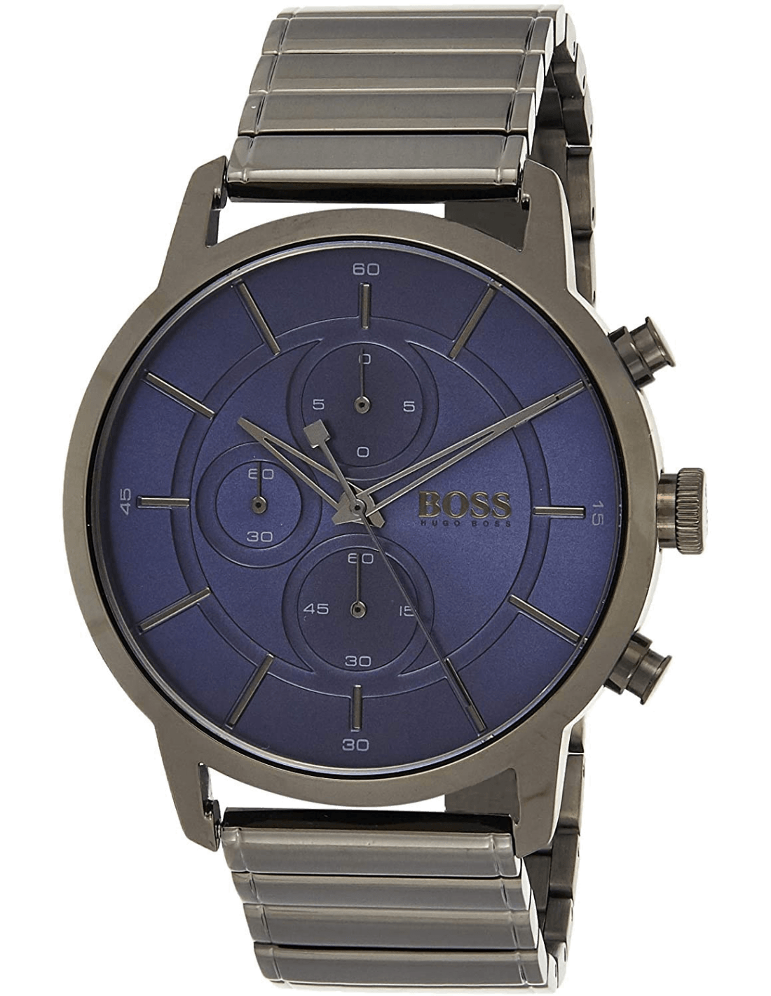 Hugo Boss chronograph watch with blue dial, circular subdials, and gray metal bracelet