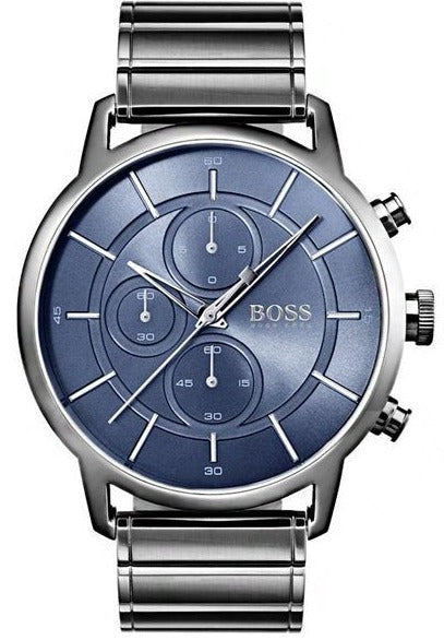 Hugo Boss chronograph watch with blue dial, three subdials, and gray stainless steel bracelet