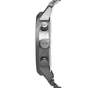 Hugo Boss watch side profile showing case thickness and gray stainless steel bracelet