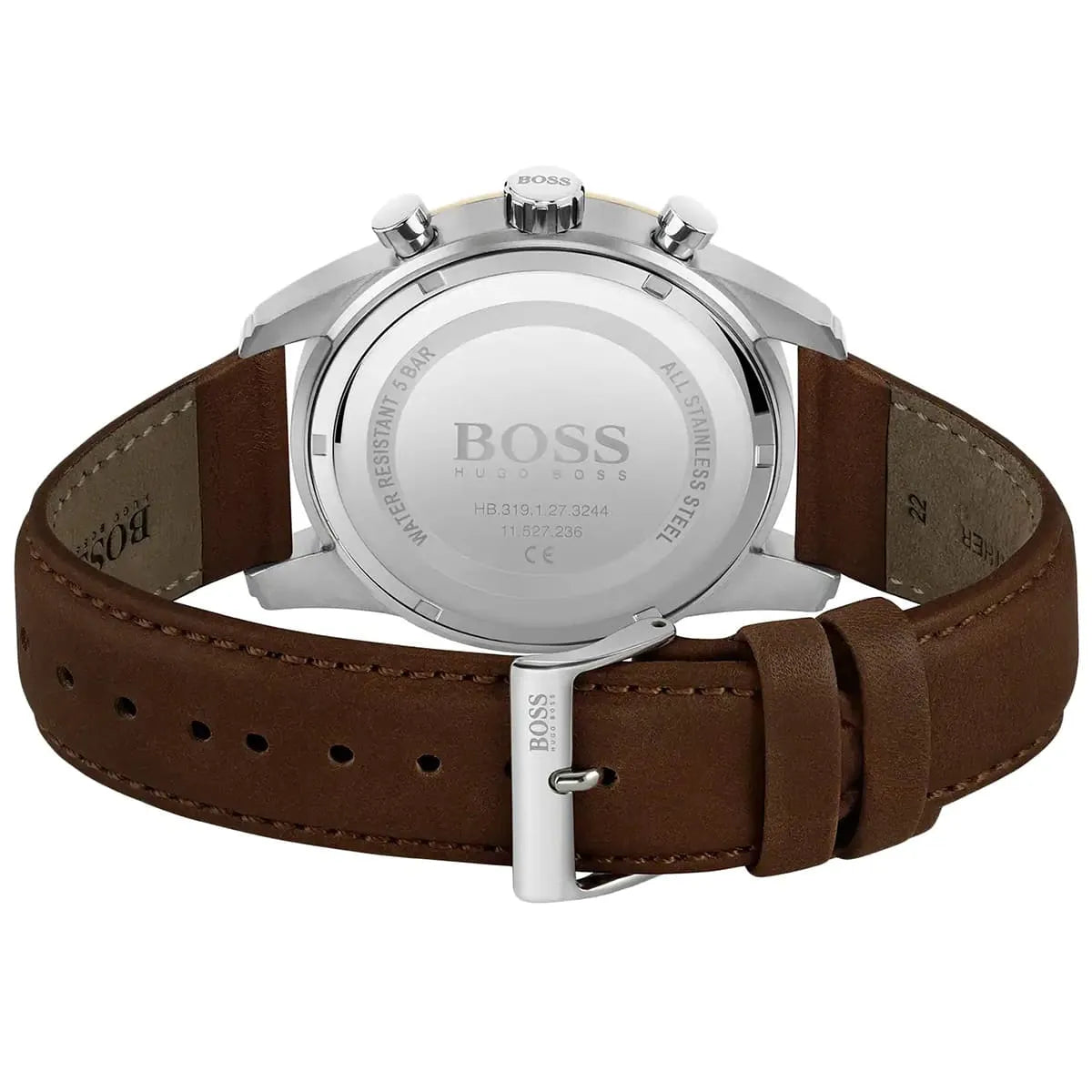Hugo Boss Skymaster case back with steel caseback and leather strap visible