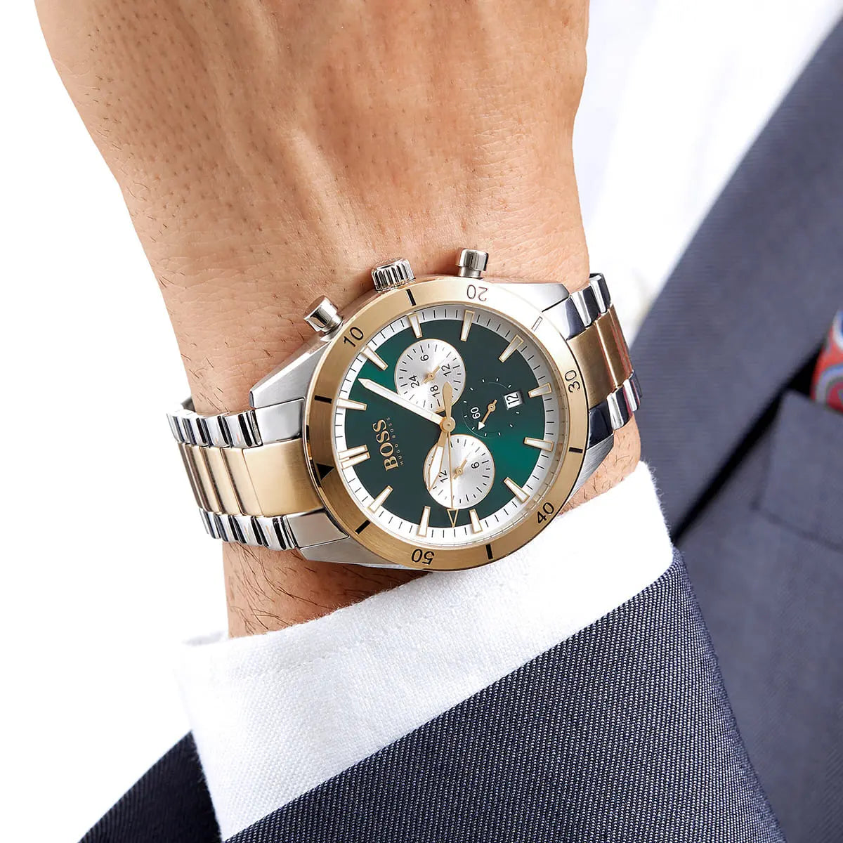 Hugo Boss Santiago Green Dial Two Tone Chronograph Men's Watch 1513872