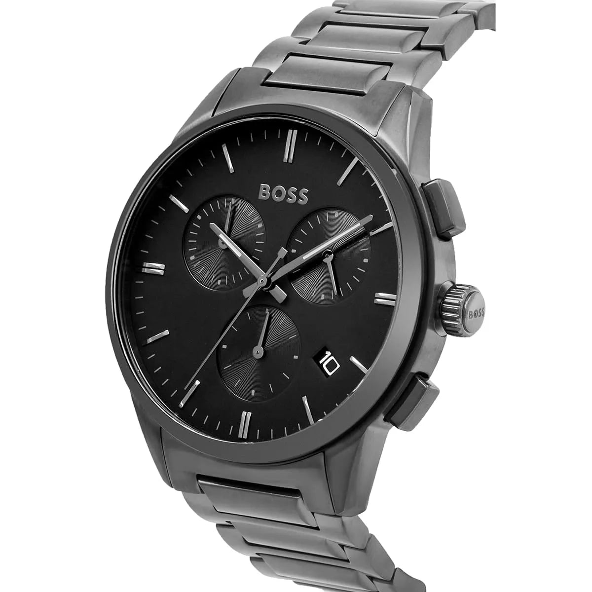 Hugo Boss Dapper chronograph watch angled view with black dial and stainless steel links