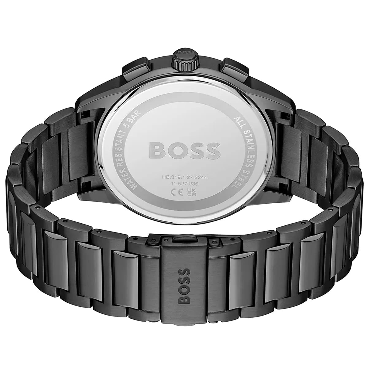 Hugo Boss Dapper watch caseback showing stainless steel with BOSS engraving and model details