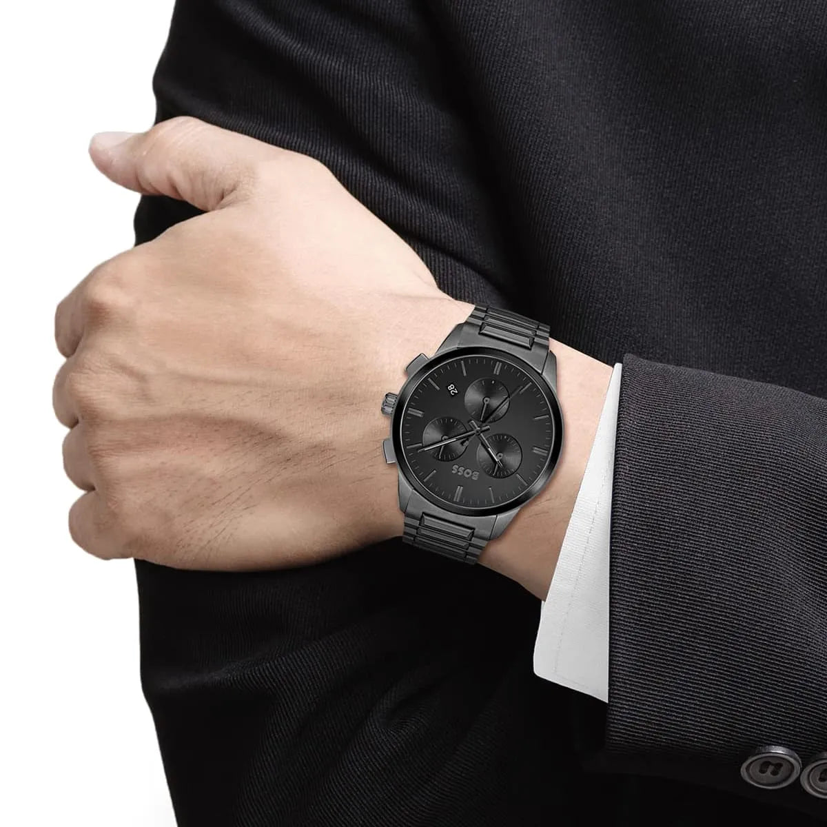 Hugo Boss Dapper chronograph watch worn on wrist, black dial with three sub-dials visible