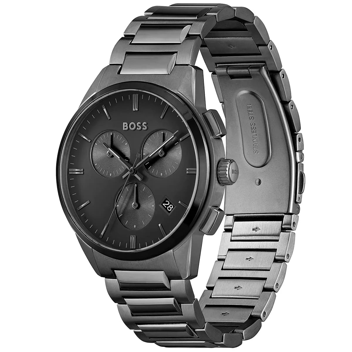 Hugo Boss Dapper watch shown with front and side views, featuring black dial and metal bracelet