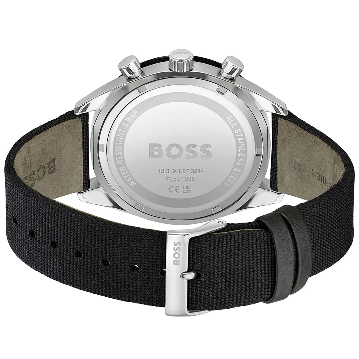 Hugo Boss Santiago watch caseback showing stainless steel case and textile strap detail