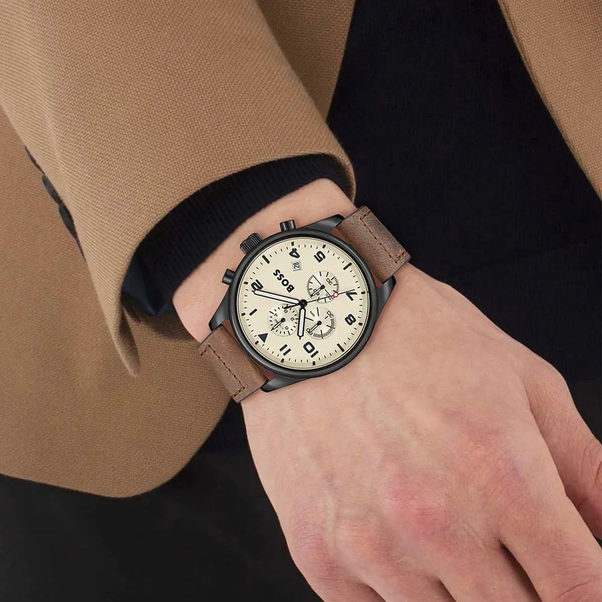 Hugo Boss View chronograph watch worn on wrist with brown leather strap
