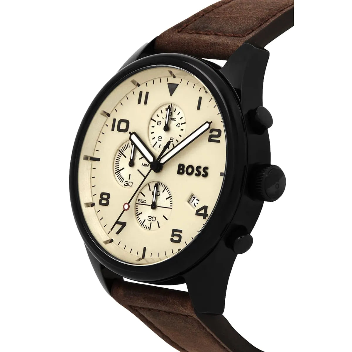 Hugo Boss View chronograph watch from side angle showing black case and brown leather strap