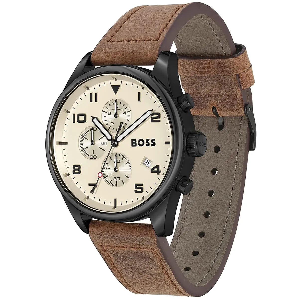 Hugo Boss View watch with brown leather strap showing adjustment holes and inner lining