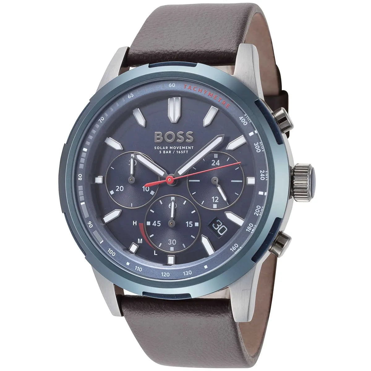 Hugo Boss Solgrade chronograph watch at three-quarter angle showing blue dial and brown leather strap
