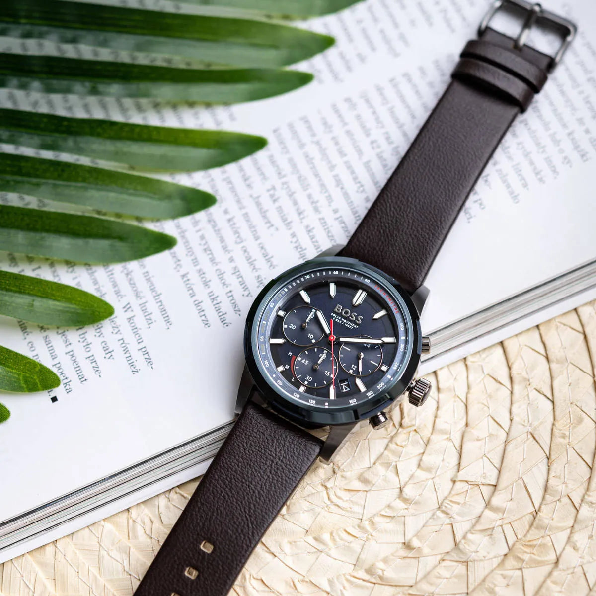 Hugo Boss Solgrade watch with brown leather strap displayed on magazine with green foliage