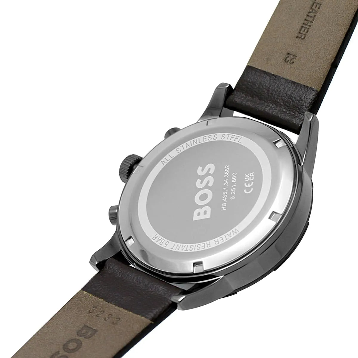 Hugo Boss Solgrade watch from side angle showing case thickness and chronograph pushers on brown strap