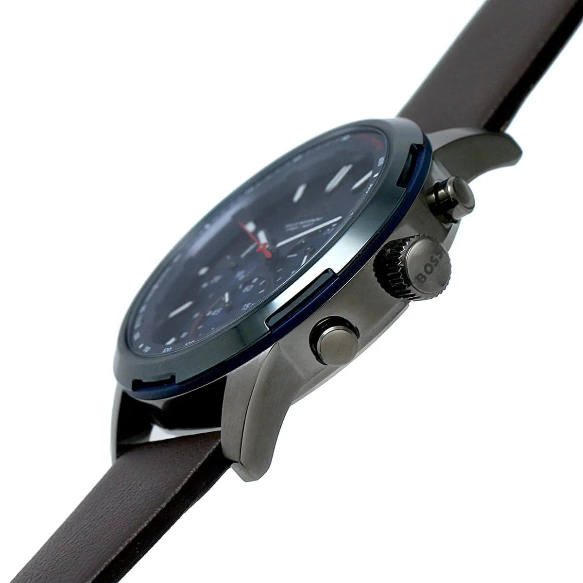 Side view of Hugo Boss Solgrade watch showing profile, chronograph pushers, and brown leather strap