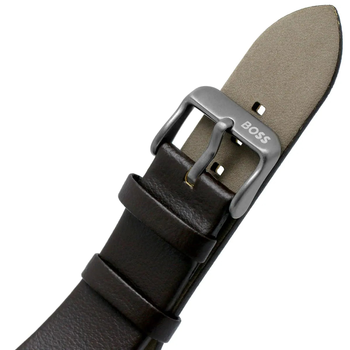 Hugo Boss Solgrade brown leather strap with buckle and caseback visible