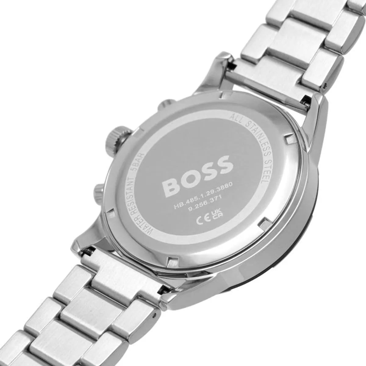 Hugo Boss Solgrade chronograph caseback detail with stainless steel bracelet visible