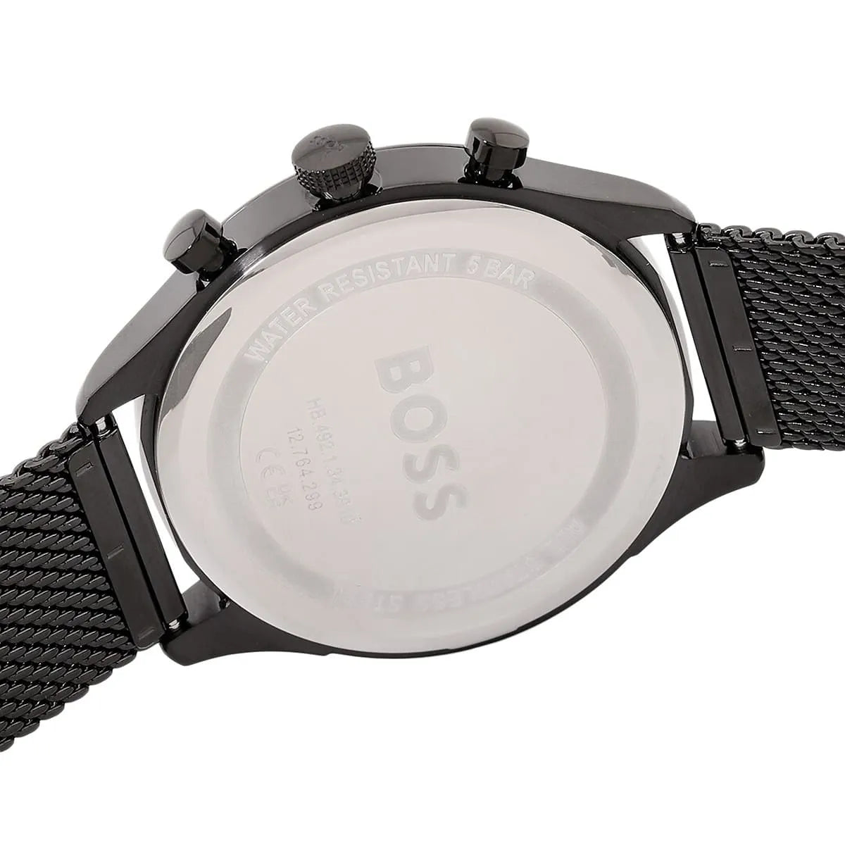 Hugo Boss Gregor caseback detail showing water resistance rating and specifications