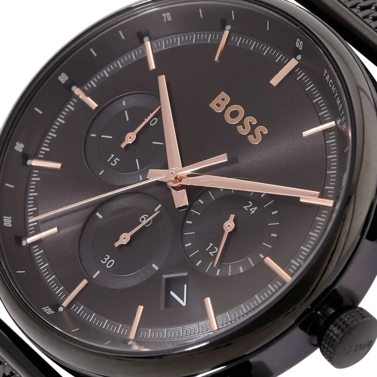 Hugo Boss Gregor dial detail showing three subdials and rose gold markers
