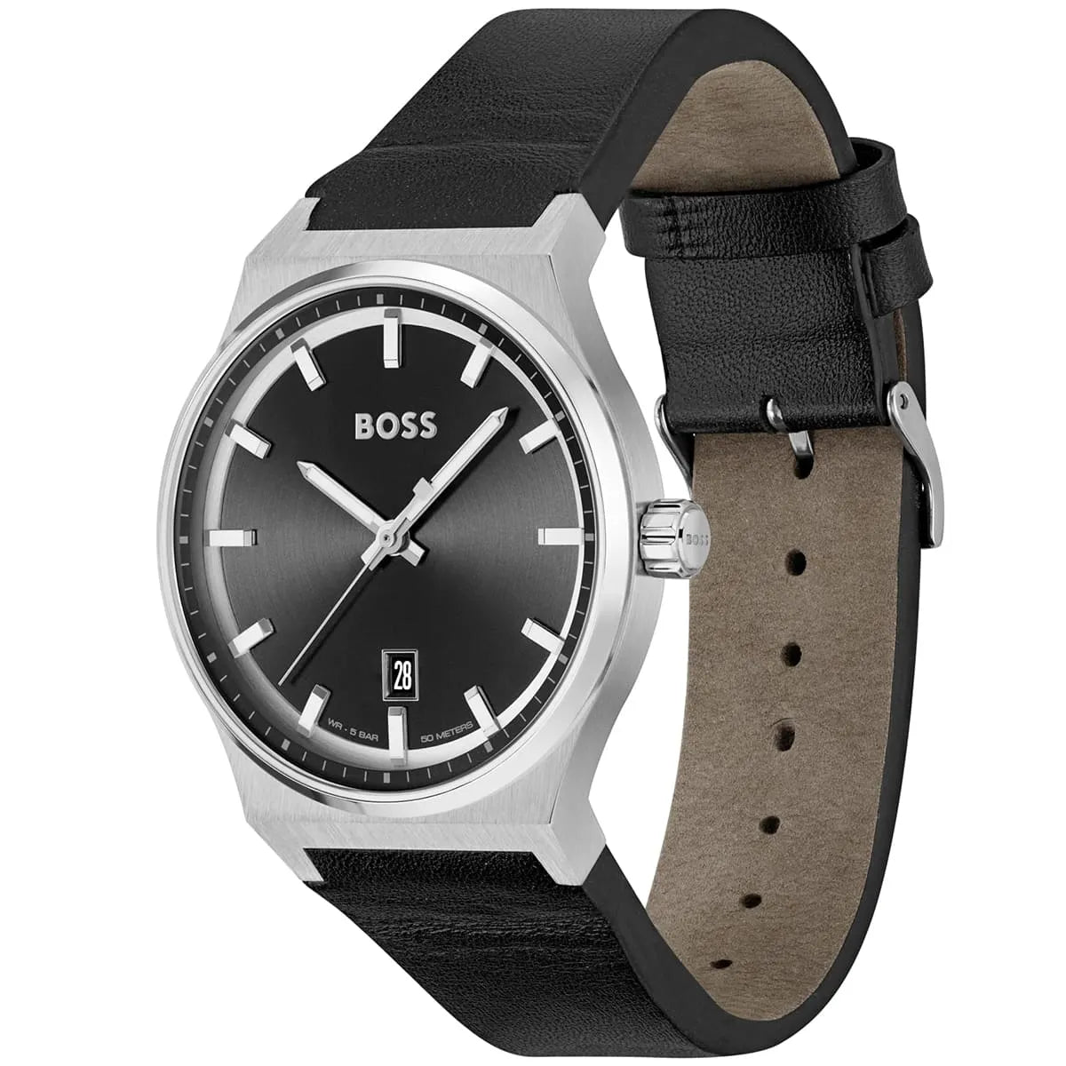 Hugo Boss Candor watch angled view showing silver case and black leather strap