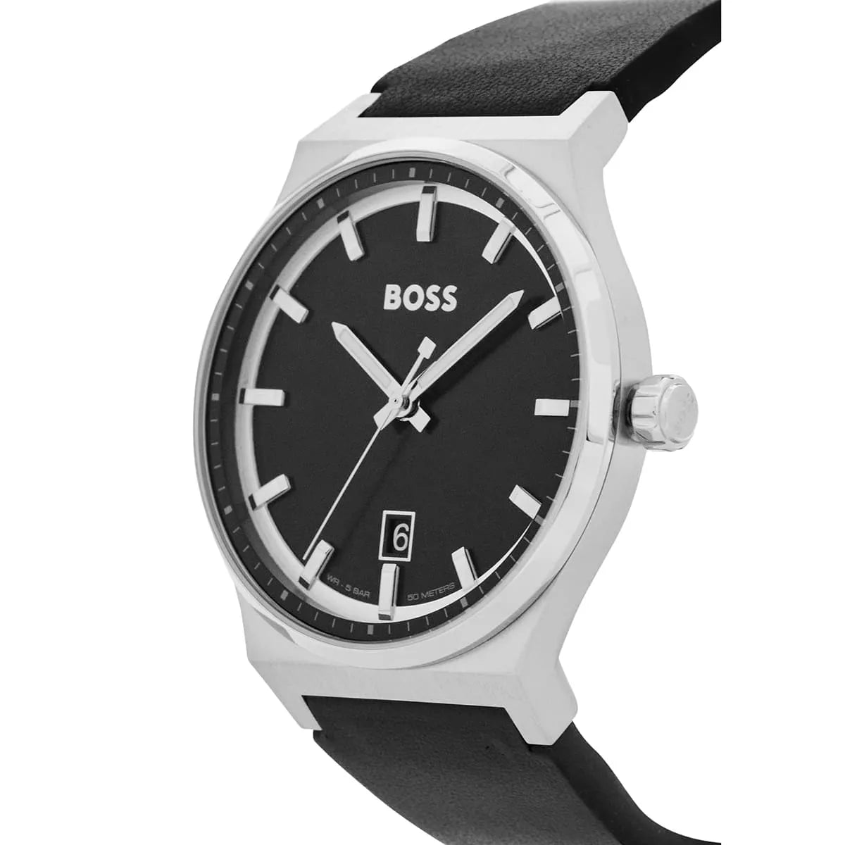 Hugo Boss Candor watch angled front view with black dial and date window