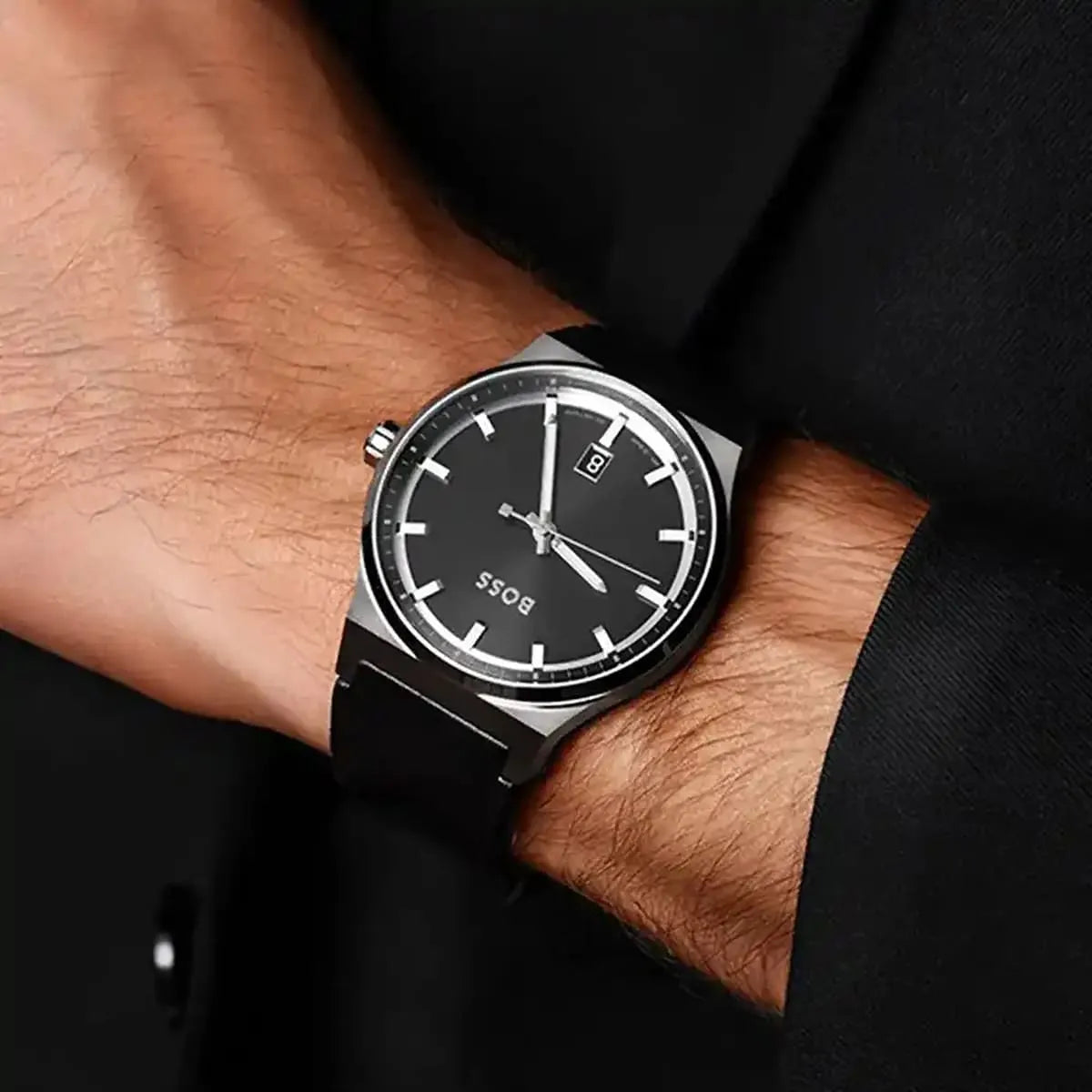Hugo Boss Candor watch worn on wrist with black leather strap