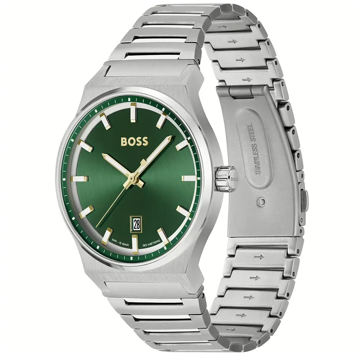 HUGO BOSS Candor watch three-quarter view showing green dial and bracelet