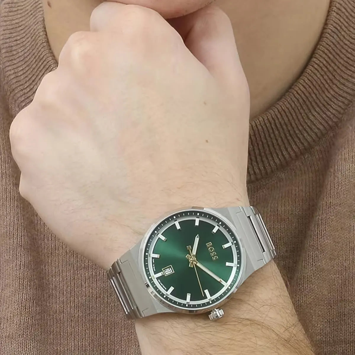 HUGO BOSS Candor men's watch on wrist demonstrating fit and green dial design