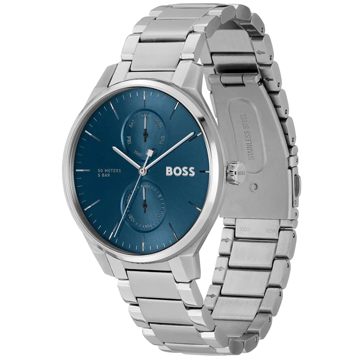 Hugo Boss Tyler watch side angle view showing blue dial and stainless steel bracelet