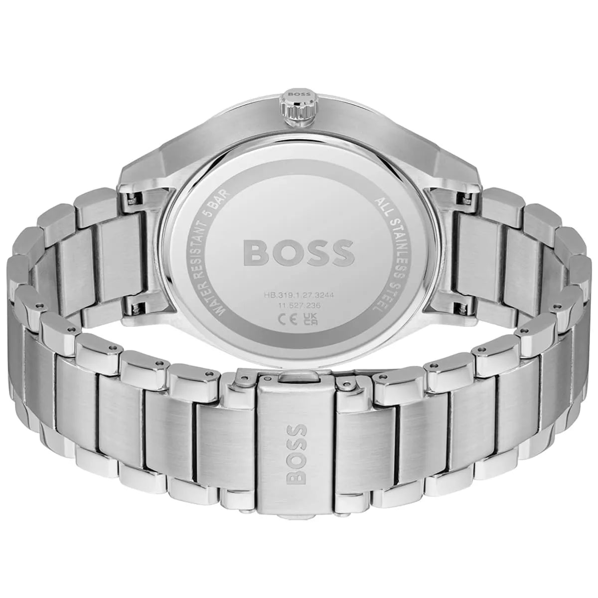 Hugo Boss Tyler watch caseback with BOSS logo and stainless steel bracelet detail