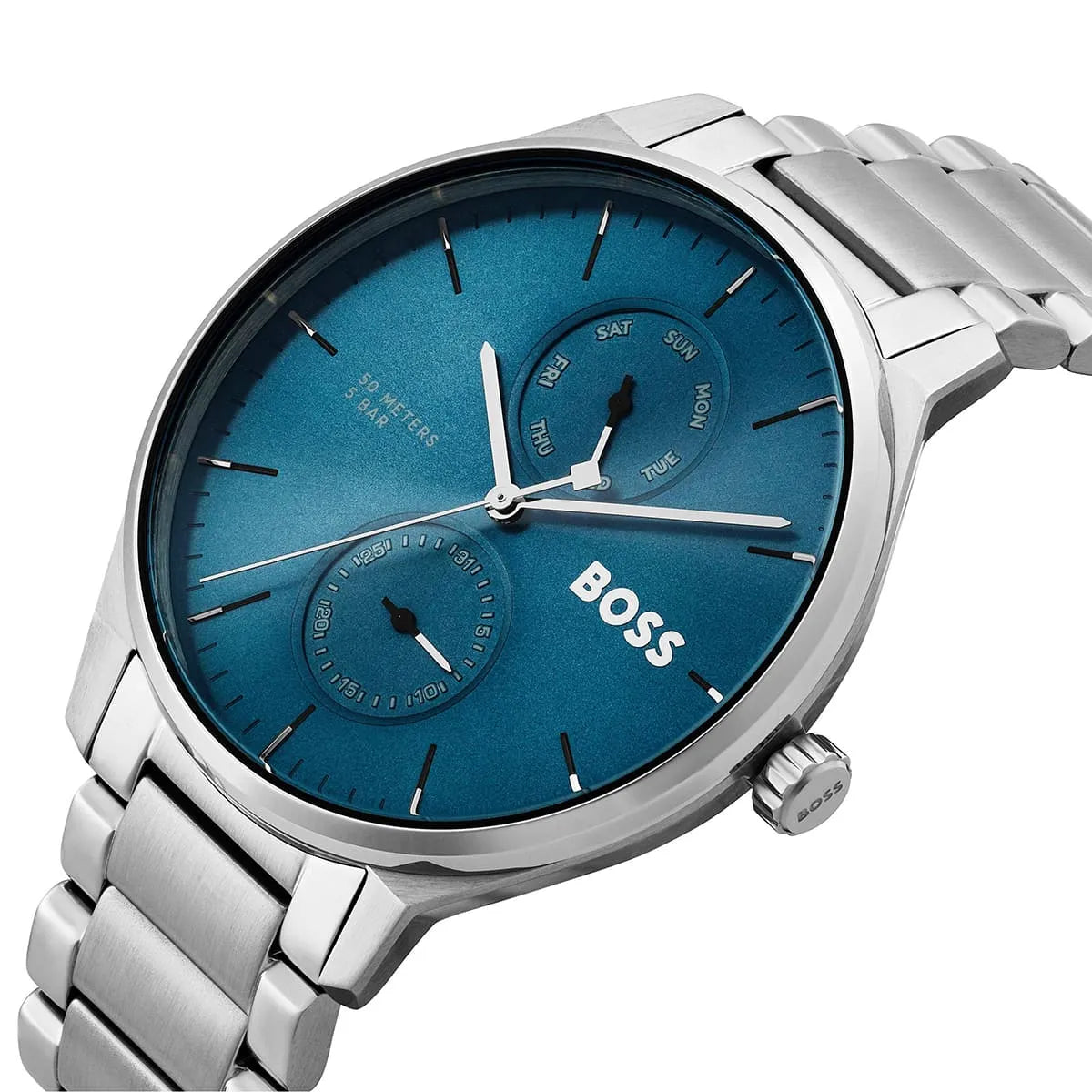 Hugo Boss Tyler blue dial close-up showing chronograph subdials and white hands