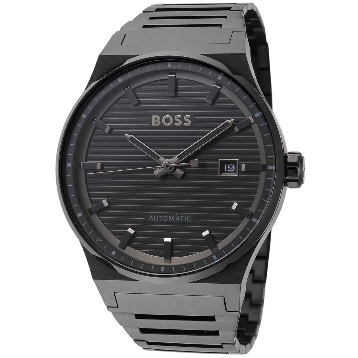 Three-quarter view of Hugo Boss Candor with black dial and horizontal stripe design