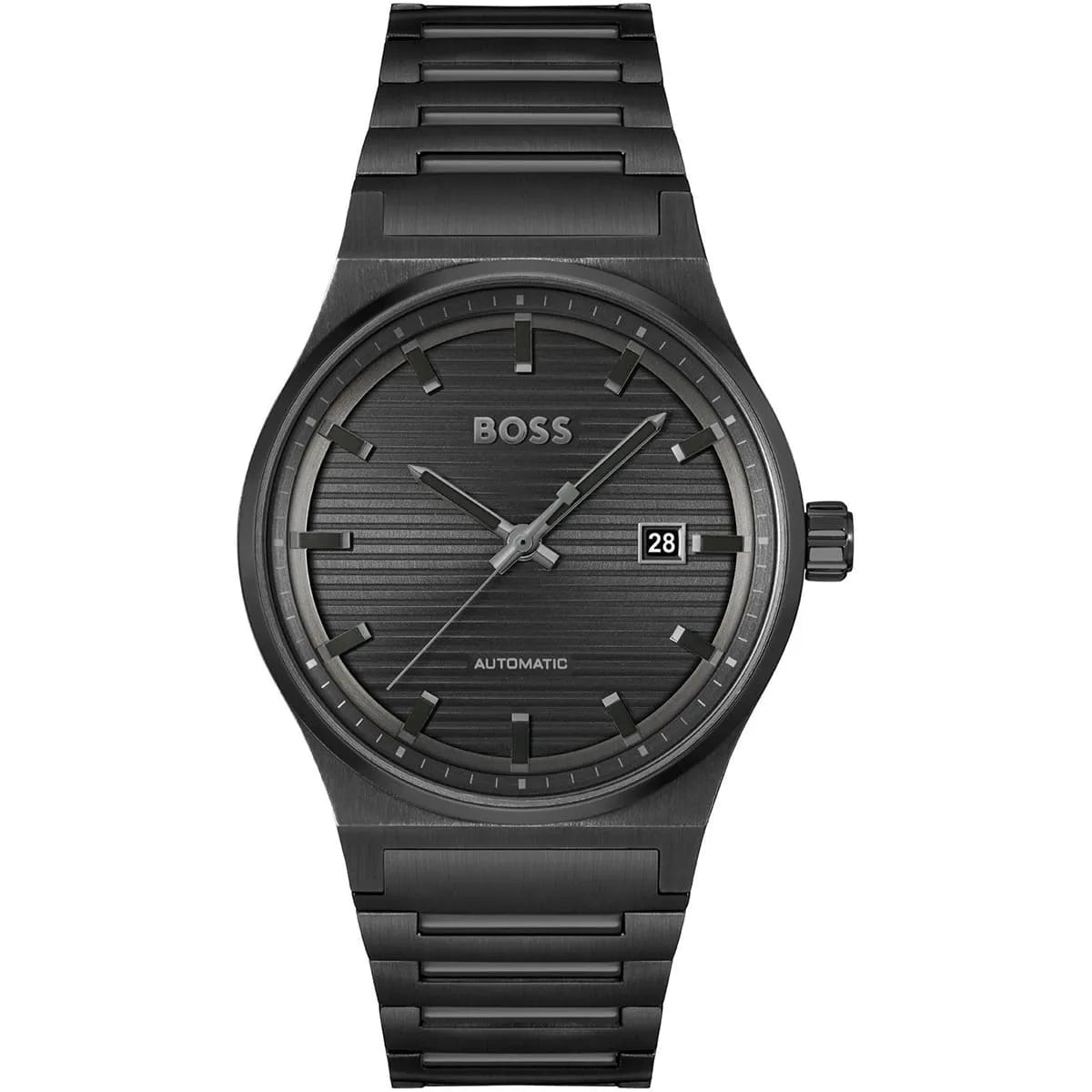 Hugo Boss Candor automatic men's watch with black dial, stainless steel bracelet, and date window