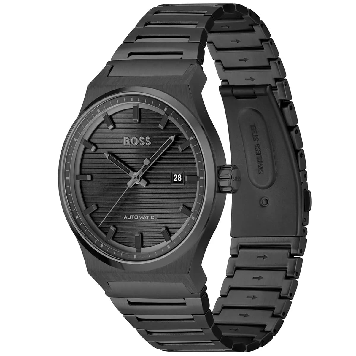 Side view of Hugo Boss Candor automatic watch with stainless steel link bracelet