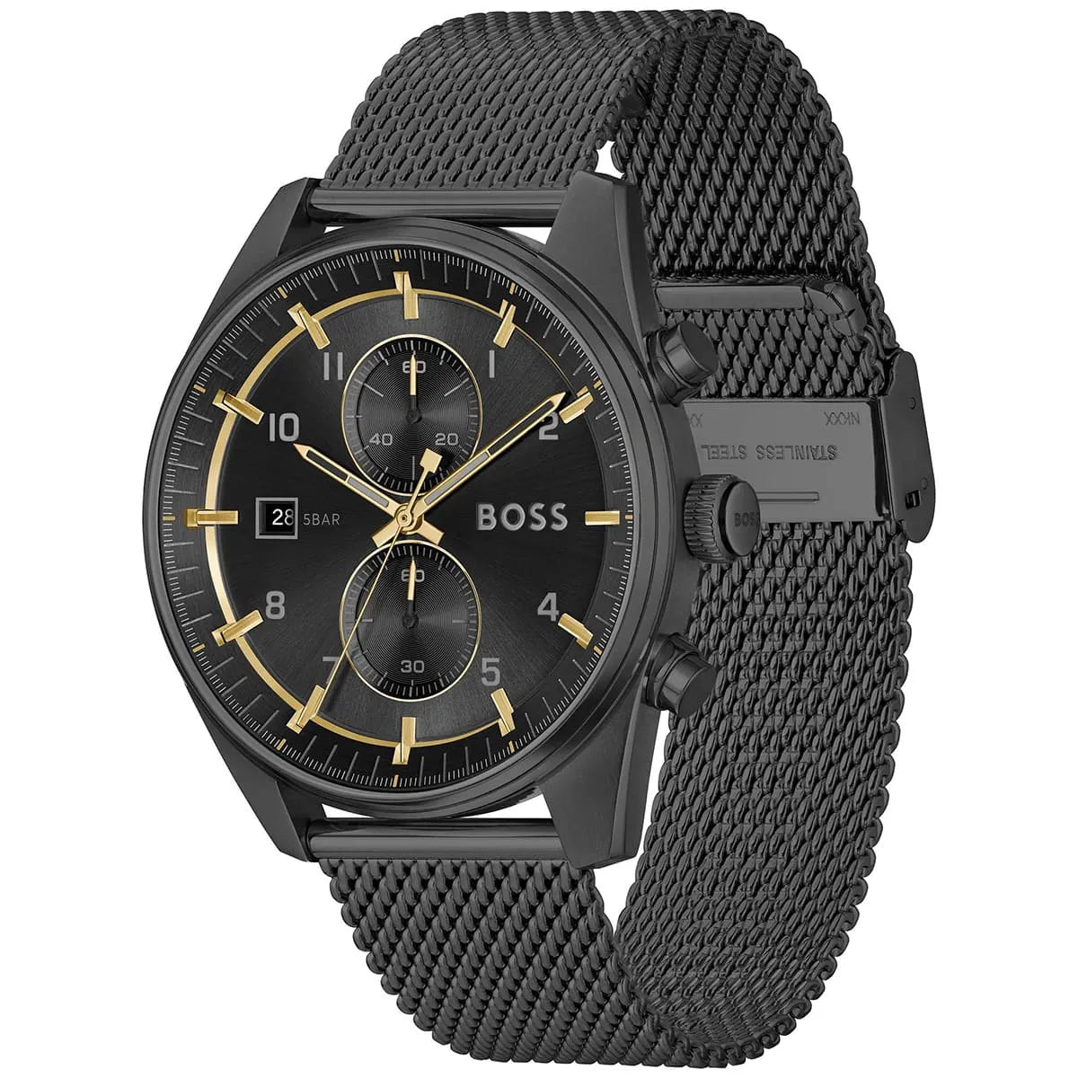 Hugo Boss Skytraveller watch angled view showing black mesh strap and chronograph subdials